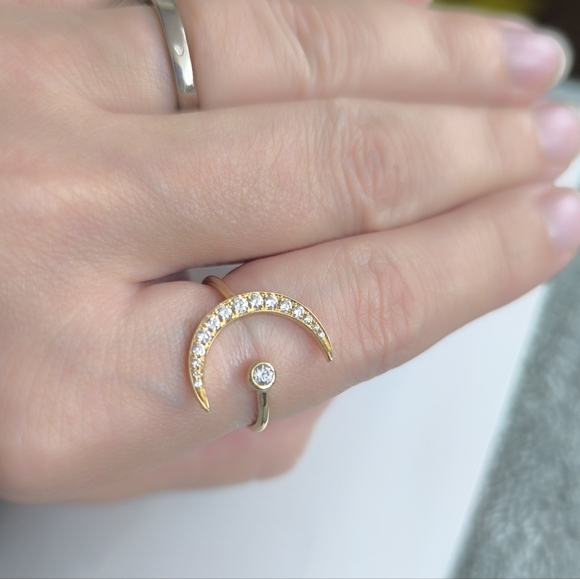 Half Moon Crescent Diamond White Sapphire 14K Yellow Gold Ring Ring - Picture 6 of 17